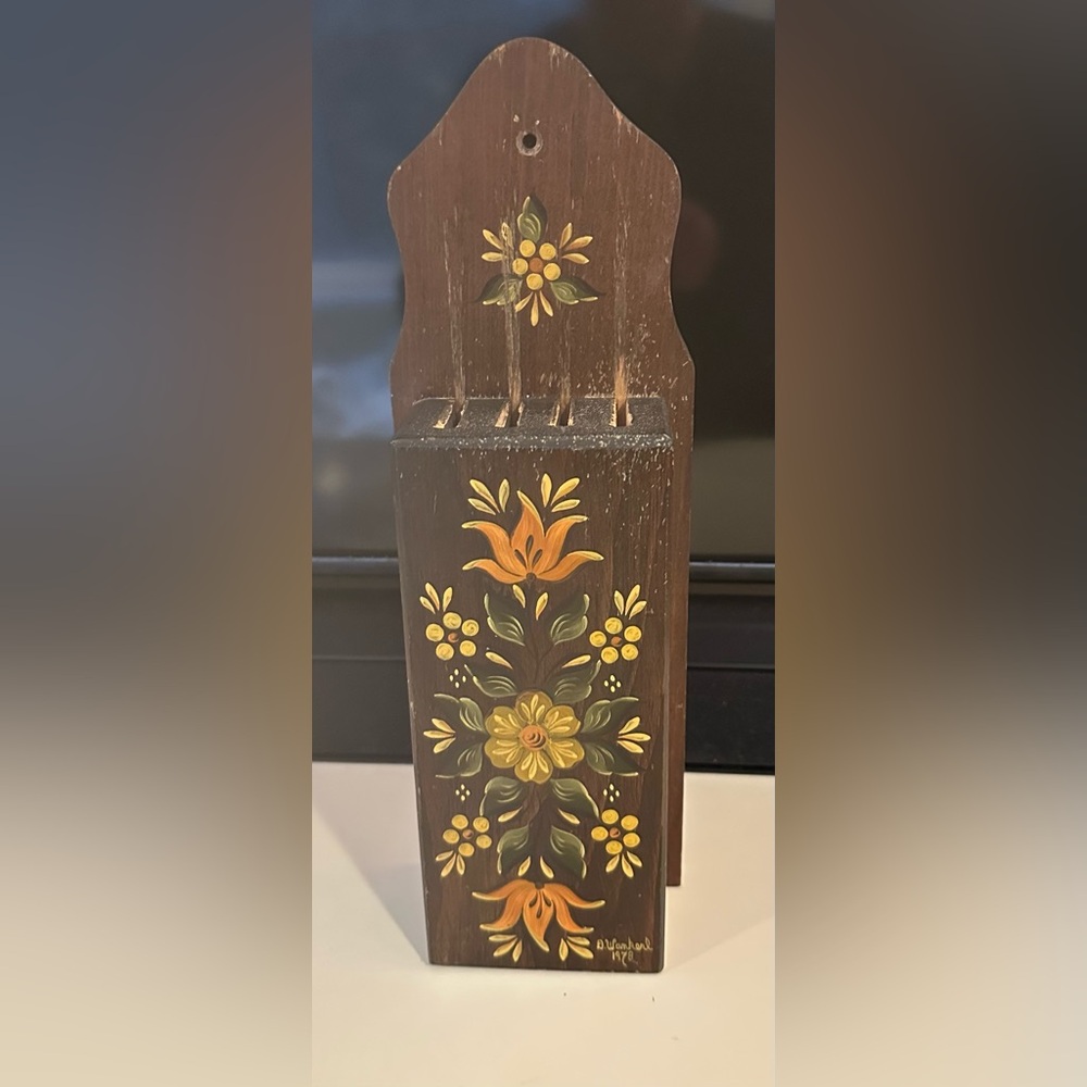 Vintage Artisan Signed D. Wankerl Hand Painted Wood Knife Rack Holder Folk Art